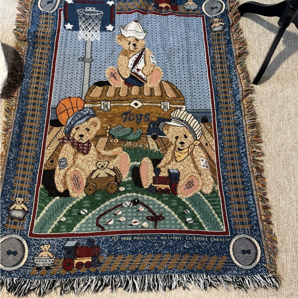 New 1996 Priscilla Hillman Teddy Bear Tapestry Throw Blanket Afghan Sports 39x50